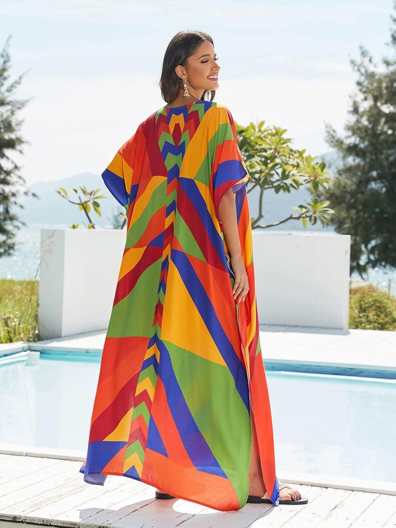 IMAGEKOPE Women's Plus Size Loose Fit Moroccan Print V-Neck Batwing Kaftan Beach Dress Bathing Suit Cover Up - Image 5